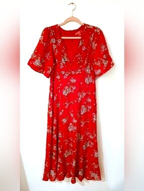 Vintage Betsey Johnson Red Floral Dress Midi 90s Romantic Grunge